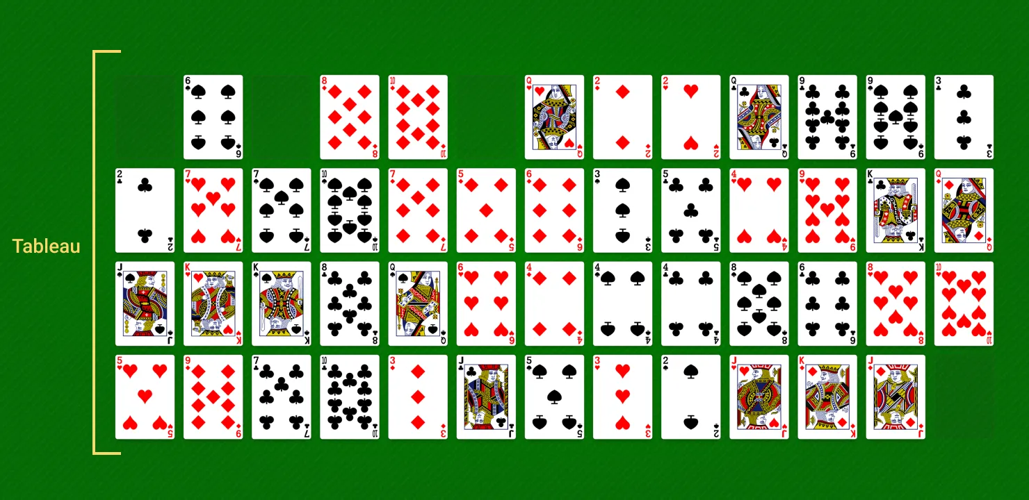 Addiction Solitaire game board setup - 4 rows of 13 cards with 4 gaps.